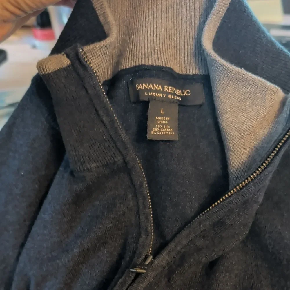 Banana Republic Luxury Blend Zip-Up Sweater Men’s L Silk Cashmere Navy Lightweig